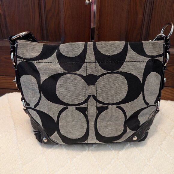 Coach Signature Carly Hobo Black Gray Canvas Brass Shoulder Bag Purse 12871 - Picture 3 of 12